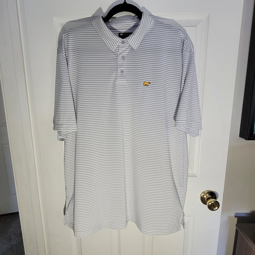 Jack Nicklaus Polo Shirt Mens XL White Navy Blue Striped Golden Bear Performance